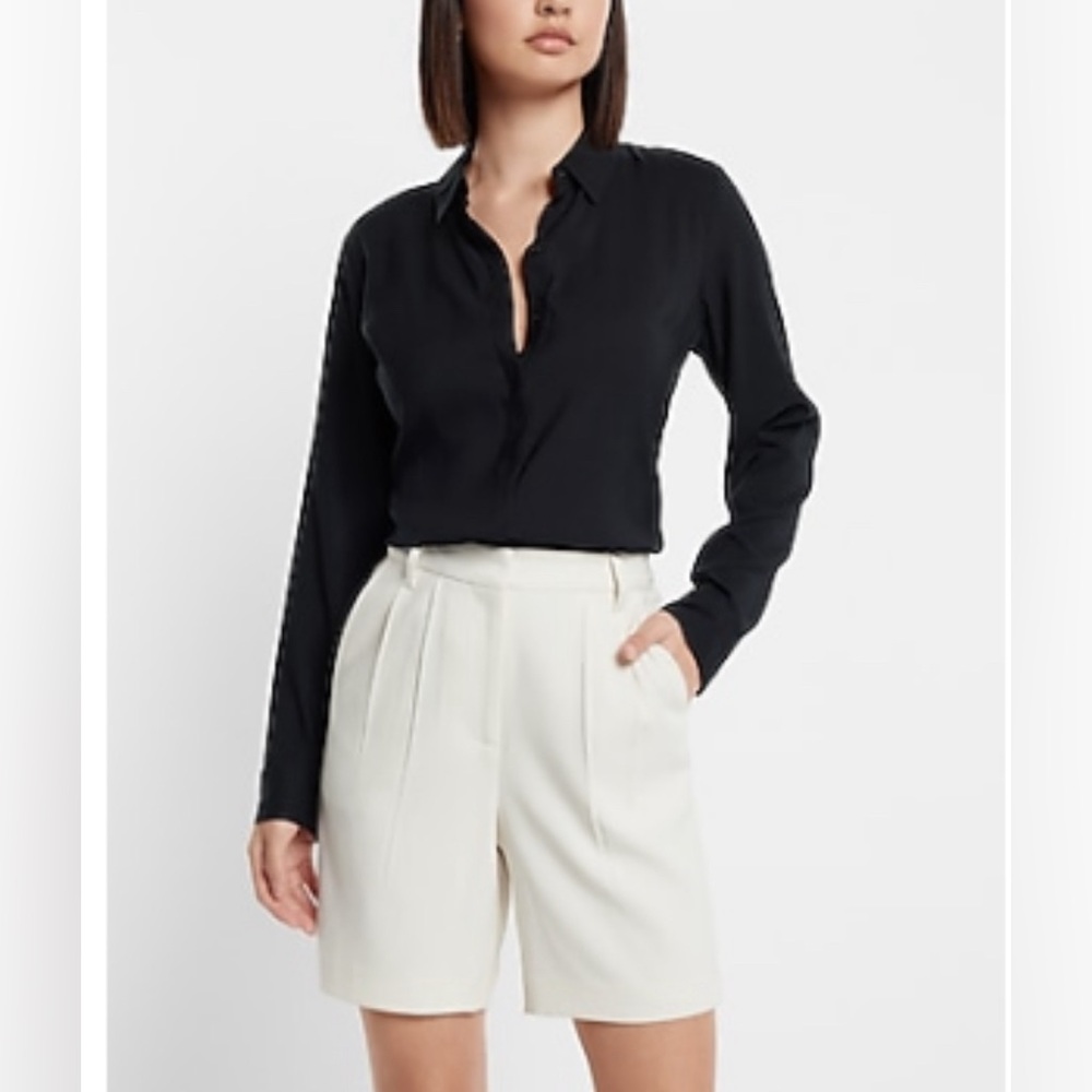 Express Super High Waisted Tailored Pleated Bermuda Shorts in crème color